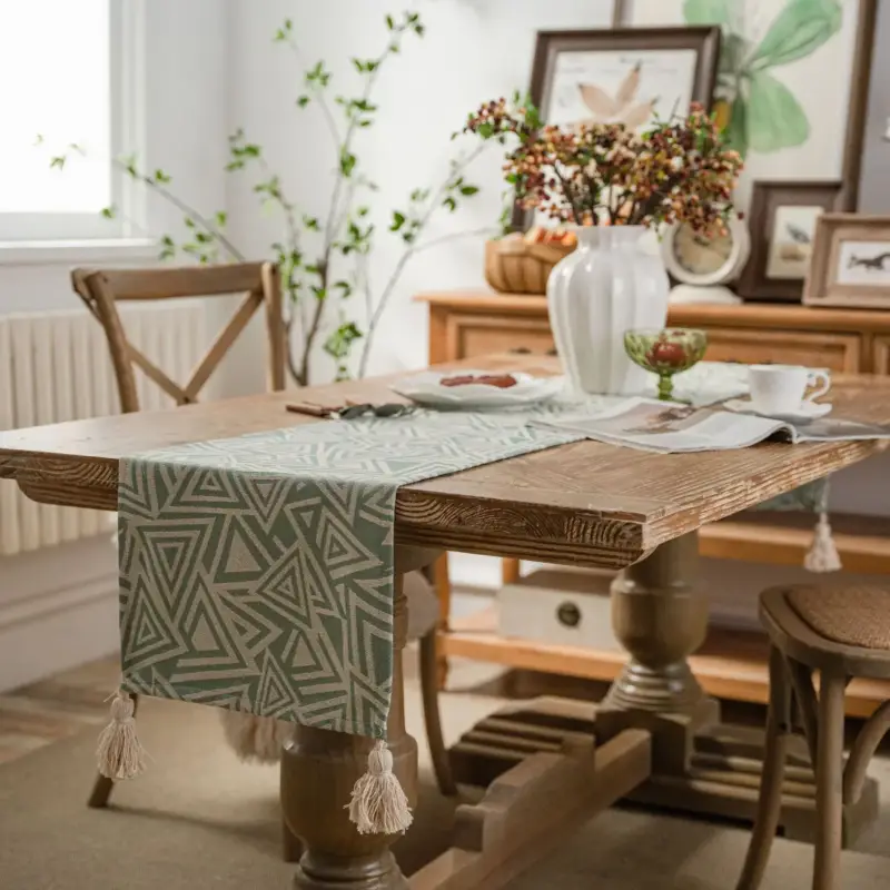 Retour Gratuit Beige geometric jacquard table runner with boho tassels