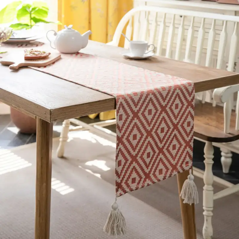 Commander Maintenant Beige geometric boho table runner with tassels