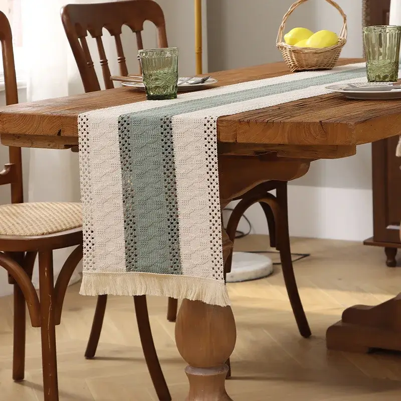 Boho cotton linen table runner with tassels beige Expédition Rapide