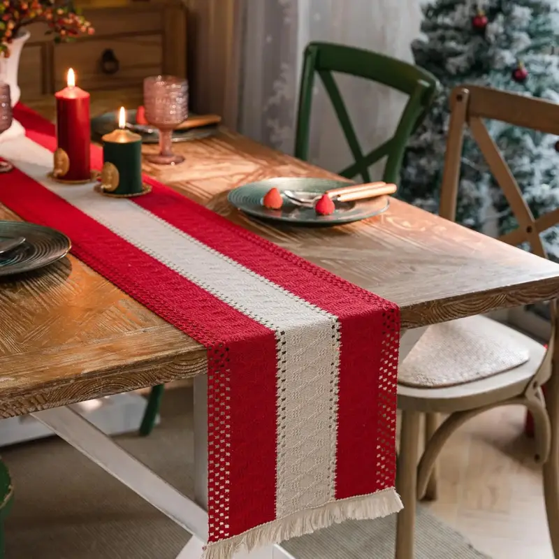 Beige boho table runner with tassels and geometric pattern Meilleur Prix