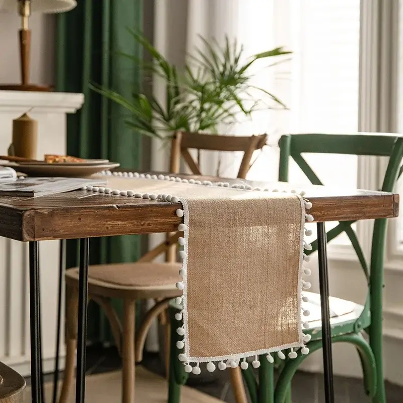 Commande En Gros Beige country-style table runner with tassels