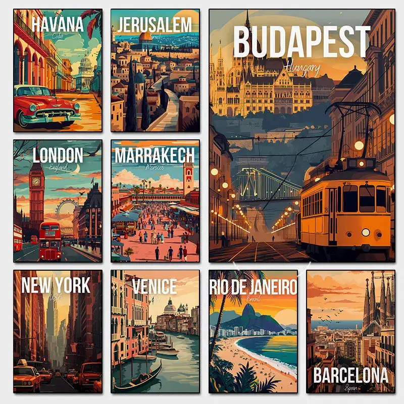 Travel poster for barcelona, budapest, havana and london Populaire