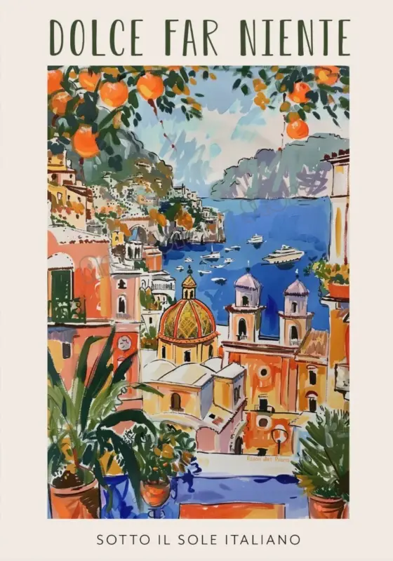 Vintage italian poster landscape spaghetti cafe mediterranean decor... Vente Directe