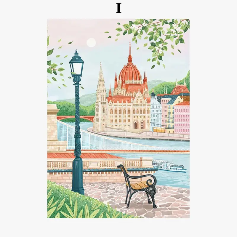 Watercolour coastal city wall art modern décor Prix Promo
