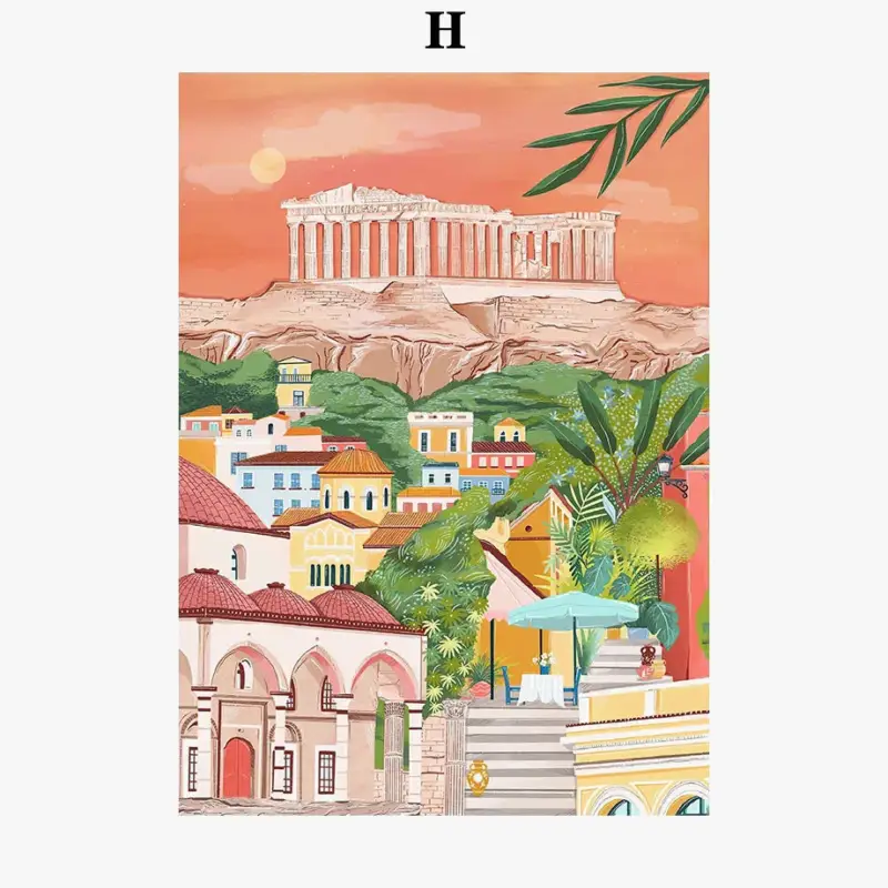 Soldes Retro coastal city wall art with ship and architecture