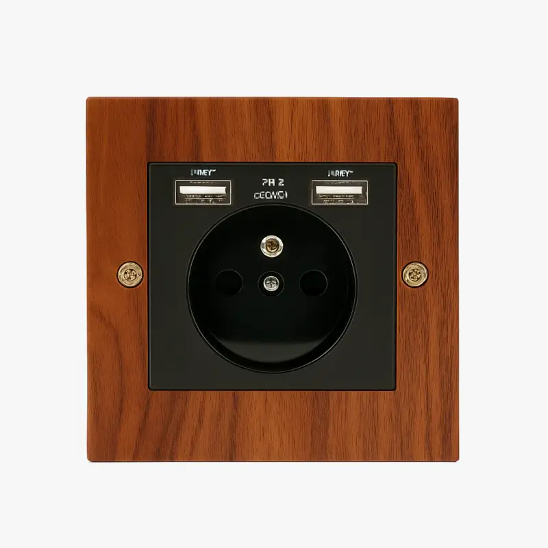 Wooden electrical socket with dual usb and gold screws Prix Bas