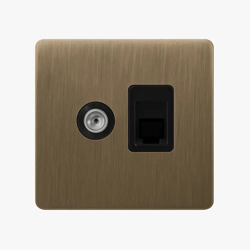 Tv and rj45 socket in brushed aged grey steel with rounded edges Super Prix
