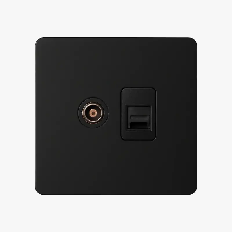 Populaire Black matte steel tv and rj45 socket with rounded edges