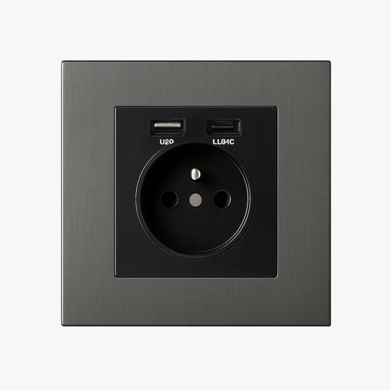 Brushed grey steel electrical socket with double usb and usb type c Offre Spéciale