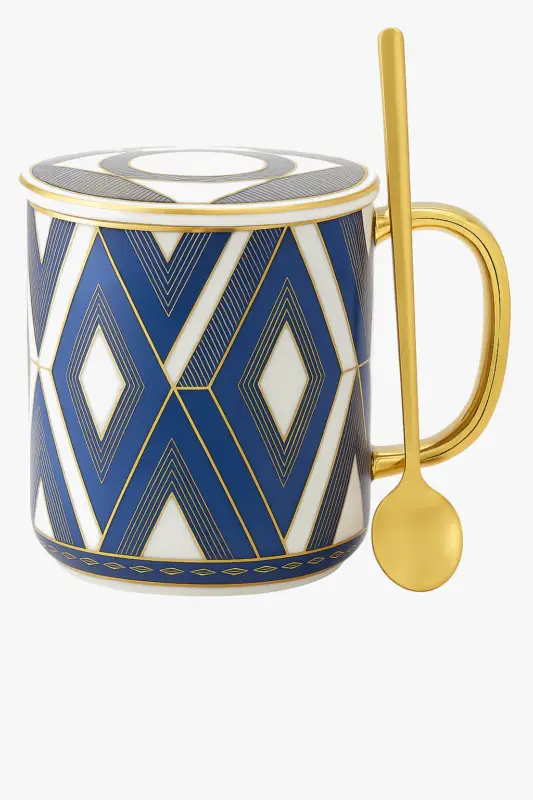 Expédition Rapide Ceramic coffee cup with gold rim and lid, british style
