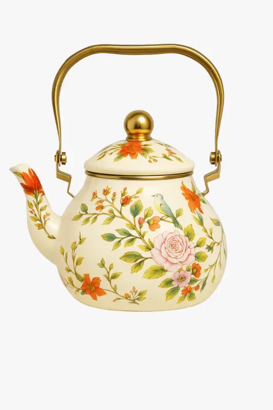 Meilleur Prix Vintage enamel kettle with floral motif and golden handle 1.5l