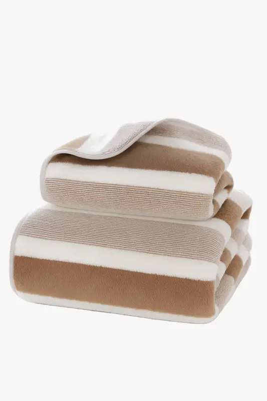 Promotion Saisonnière Absorbent coral fleece bath towel with stripes for hair