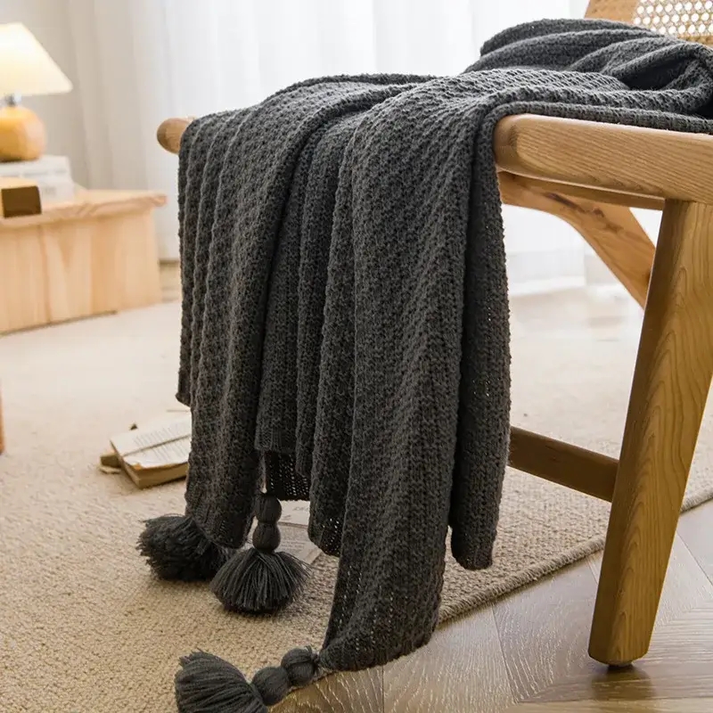 Prix Réduit Chunky waffle knit throw with pompom nordic style