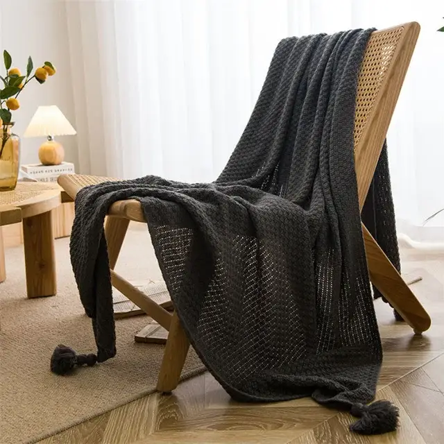 Waffle knit throw with pompoms nordic style sofa Vente Flash