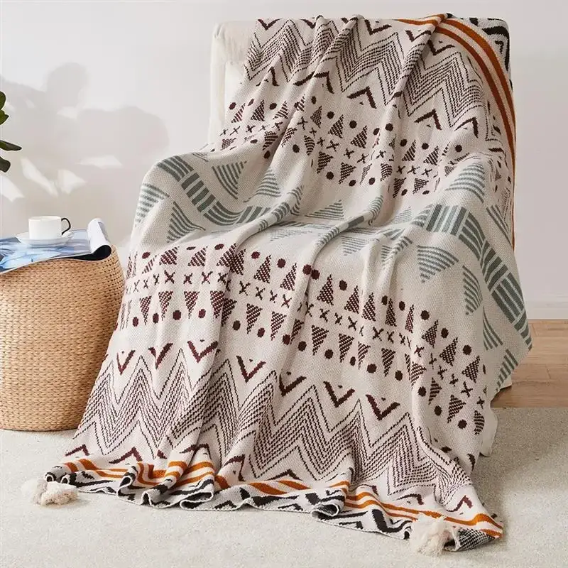Meilleur Prix Boho striped knitted throw with soft tassels