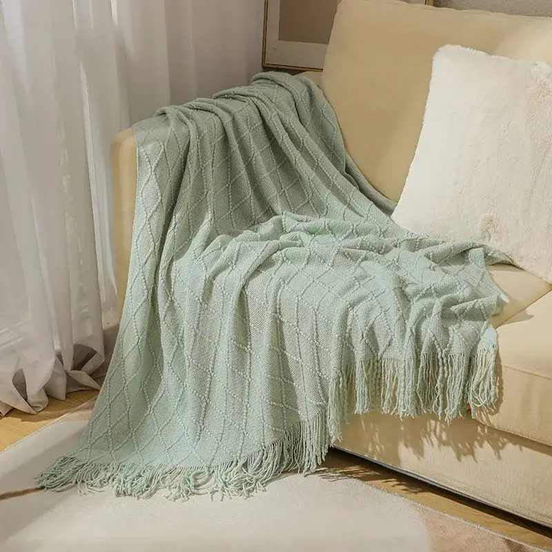 Lightweight acrylic knitted throw with tassels for living room style Top Vente