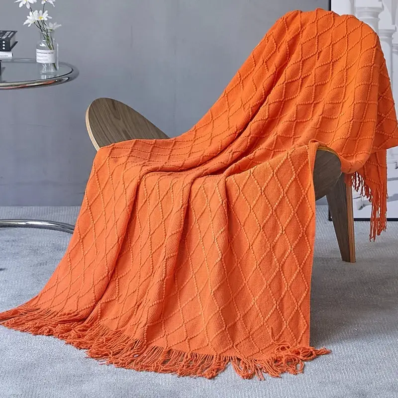 Meilleur Choix Lightweight knitted throw with pom-poms cosy style for living room