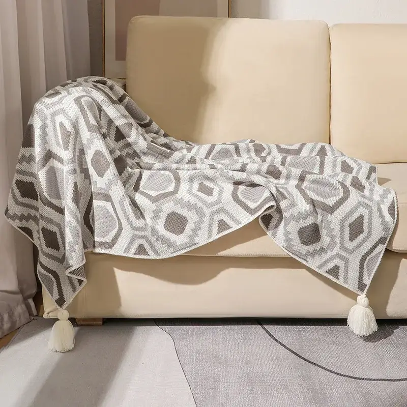 Bohemian geometric check throw with tassels for living room Soldes