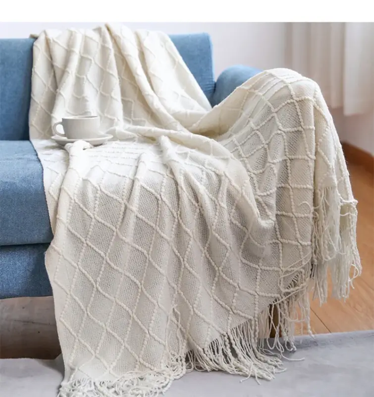 Acheter En Ligne Nordic jacquard knitted throw with pom poms