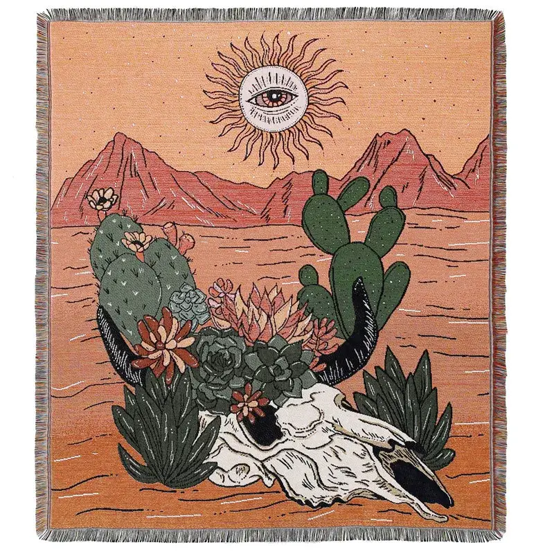 Bohemian landscape knitted throw for sofa and picnic Pas Cher