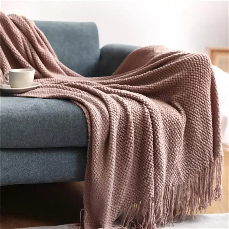 Nordic knitted check throw with soft pom-poms Promotion