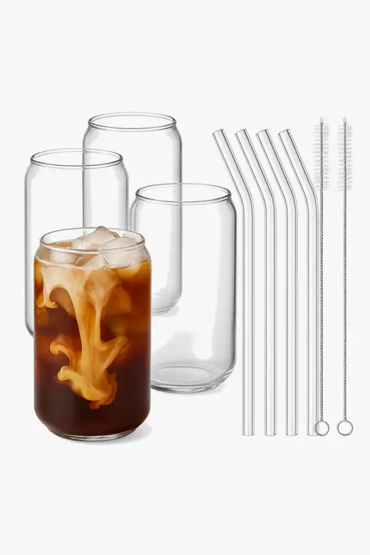 Set of 4 can-shaped glasses with glass straws and cleaning brushes Super Prix