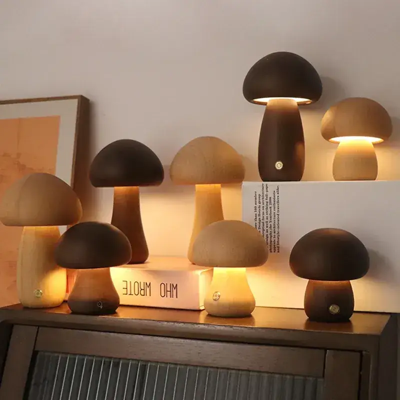 Mushroom led night light wooden lamp with touch switch Usine Directe