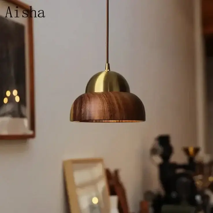 Wabi-sabi walnut wood pendant lamp for bedroom, japanese brass hang... Nouvel Arrivage