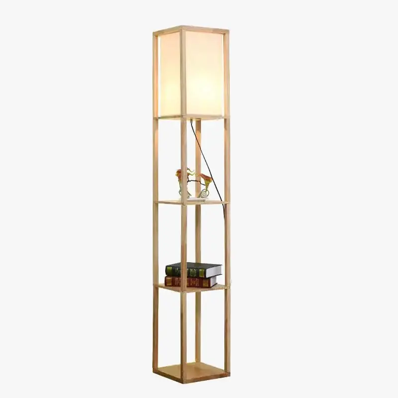 Soldes Led floor lamp with storage shelf in nordic fabric and solid wood f...