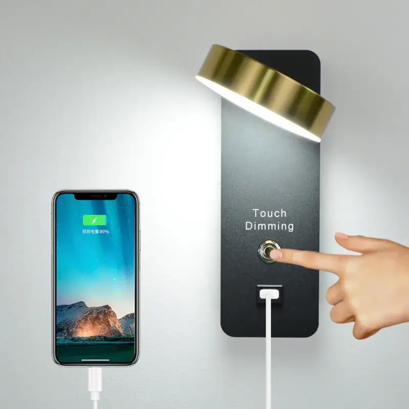 Litu modern indoor aluminium wall light with touch dimmer and usb l... Quantité Limitée