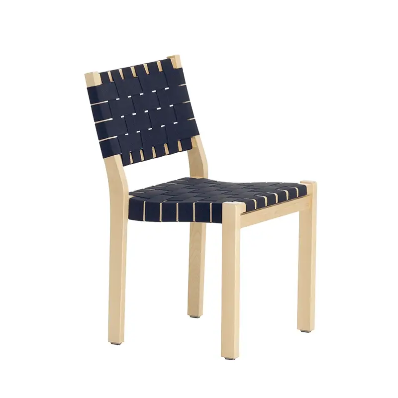 Must-Have Dining Chair 611 Natural birch / black/blue linenARTEK