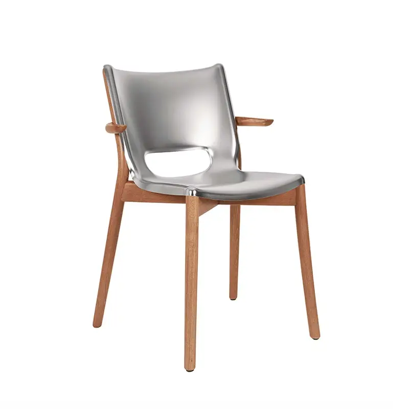 Dernier Modèle Dining Chair POÊLE with armrests Satin stainless steel/brown beechALESSI