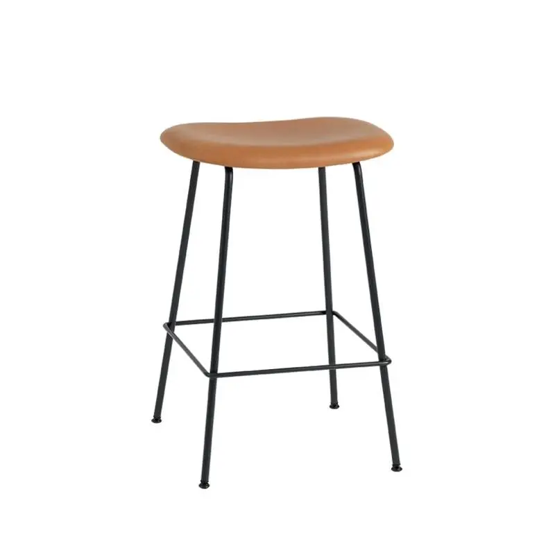 Authentique Tabouret haut FIBER BAR STOOL pieds acier siège cuir H65 CognacMUUTO