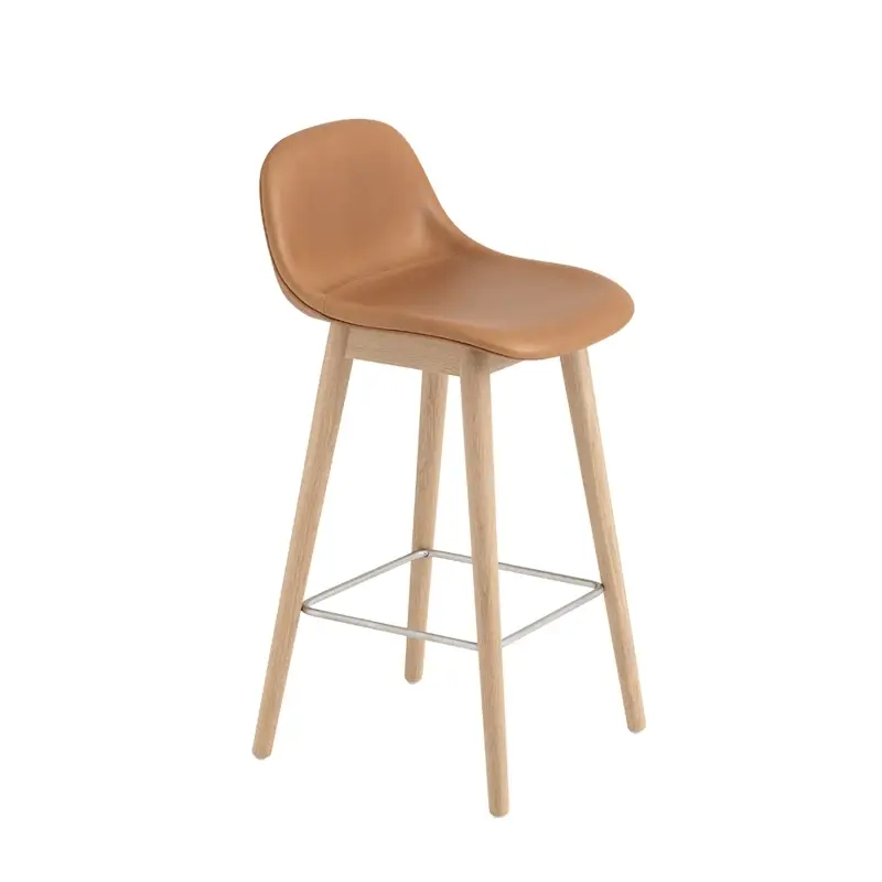 Tabouret haut FIBER BAR STOOL Avec dossier pieds bois siège cuir H65 CognacMUUTO Bon Marché