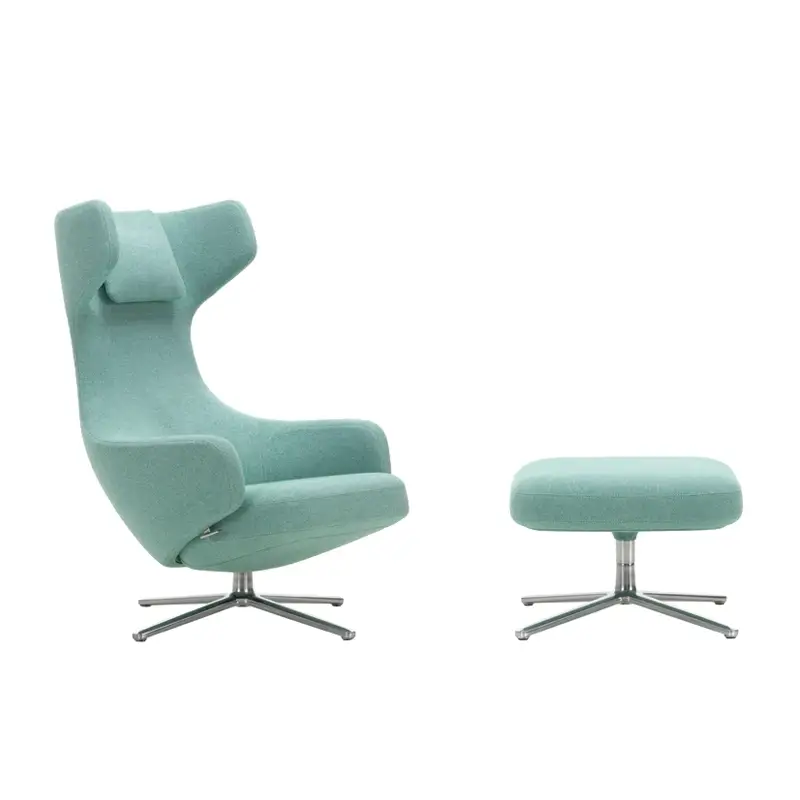 Populaire Easy chair GRAND REPOS & OTTOMAN Dumet 27 veiled blue/ emerald green fabricVITRA