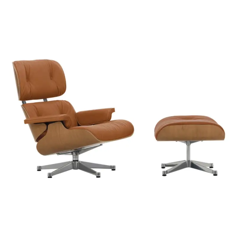 Authentique Easy chair EAMES LOUNGE & OTTOMAN Cognac Premium leather / Natural sherryVITRA