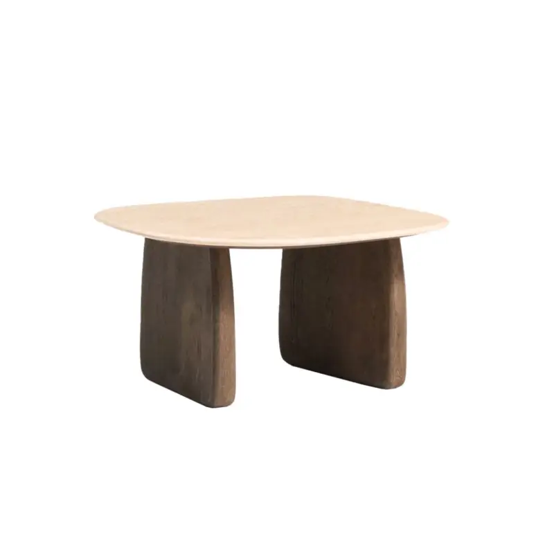 Table d&rsquo;appoint guéridon PIRITA carrée Travertin Beige / Chêne FoncéKAVE HOME Quantité Limitée