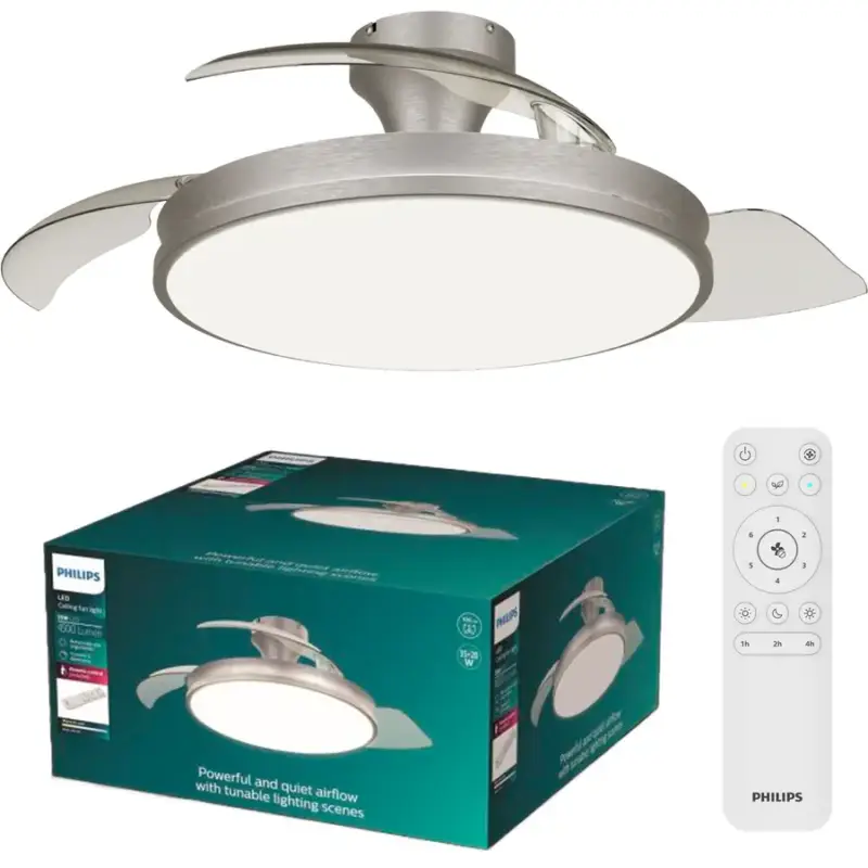 Lumimart | Ventilateur de plafond avec éclairage, Philips Atlas, métal, nickel, ventilateur 28 W + plafonnier 35 W Paiement Sécurisé