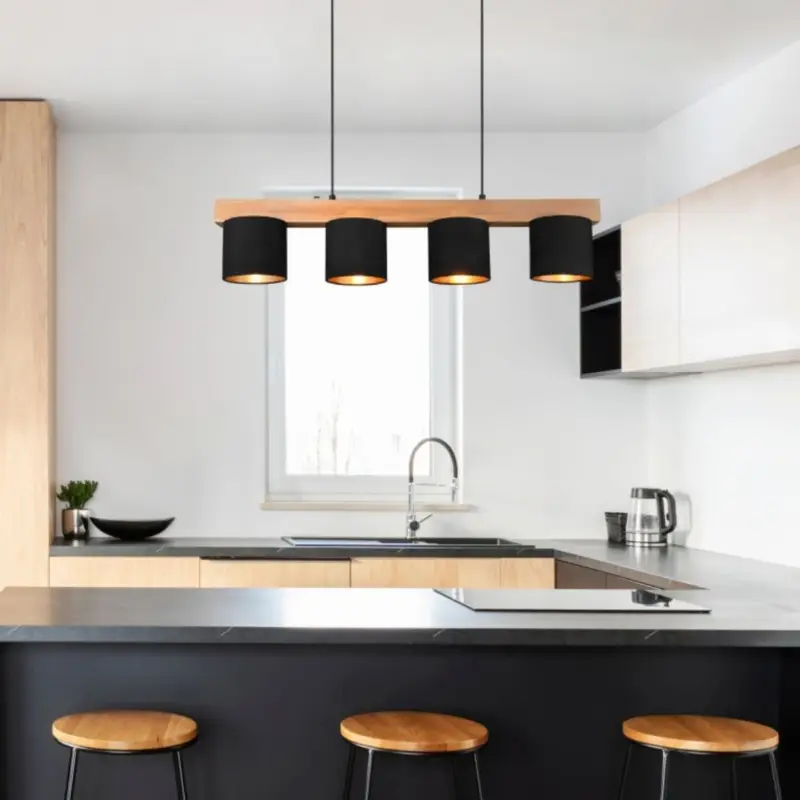 Suspension Cameron Bois naturel Noir 4x28W E14 Populaire