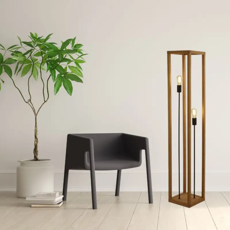 Lampadaire Square 2x10W E27 Bois Naturel Noir Retour Gratuit