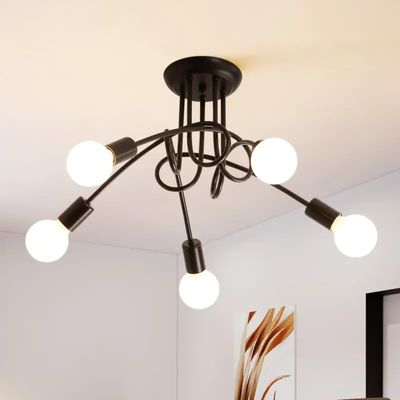 Plafonnier Industriel, Edison 5-Lumières Metal Lustre, Rétro Plafond Éclairage, Noir Plafond Lampes, pour Salon Chambre Cuisine Offre Du Jour