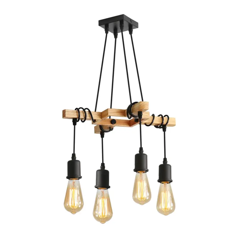 Certifié Suspension Luminaire Industrielle, Luminaire Plafonnier Vintage en Bois Noir, 4 ampoules E27 non incluses,Lustre Suspension Industrielle, pour salon ou restaurant