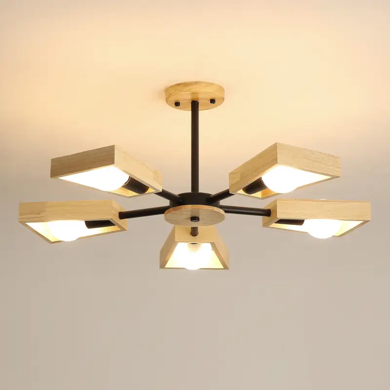 Seulement Aujourd&rsquo;hui Suspension Bois , De Salon Lustre Lampe Luminaire pour éclairage Intérieur, Bois Cinq Lumières Géométrique Pendentif Lumières pour 5 Ampoules E27 (Sans Ampoule)