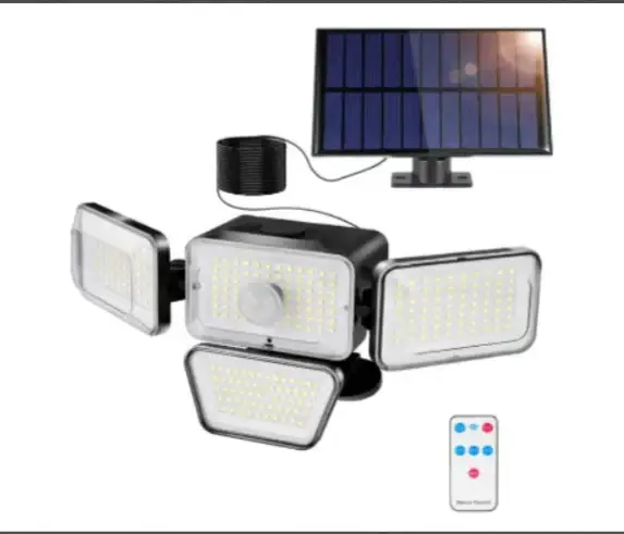 Promotion Lampe Solaire Exterieur Detecteur de Mouvement, Lumiere Solaire Exterieur 4 Têtes 278 LED IP65 Étanche Projecteur Solaire Extérieur avec Télécommande 3 Modes Spot LED Solaire pour Jardin
