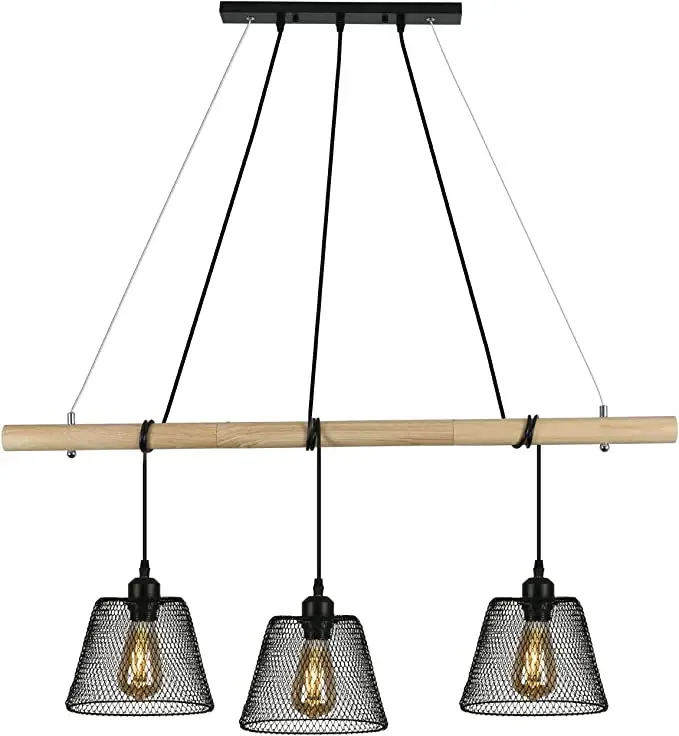 3 Lampes Suspension Luminaire Vintage Industrielle, Lustre en bois d'épissure suspendus au design industriel, lustre salon industriel avec douille E27, lampe pendante en acier pour Salle à Manger Prix Réduit