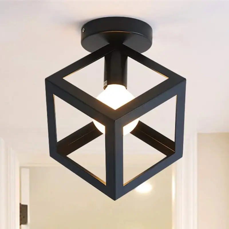Expédition Rapide Plafonnier Luminaire Moderne Lustre Forme Cage Lampe de Plafon Vintage Abat-jour de Style Géométrique en Métal E27 Éclairage pour Chambre Salon Restaurant, Forme de Cube,16CM, Noir