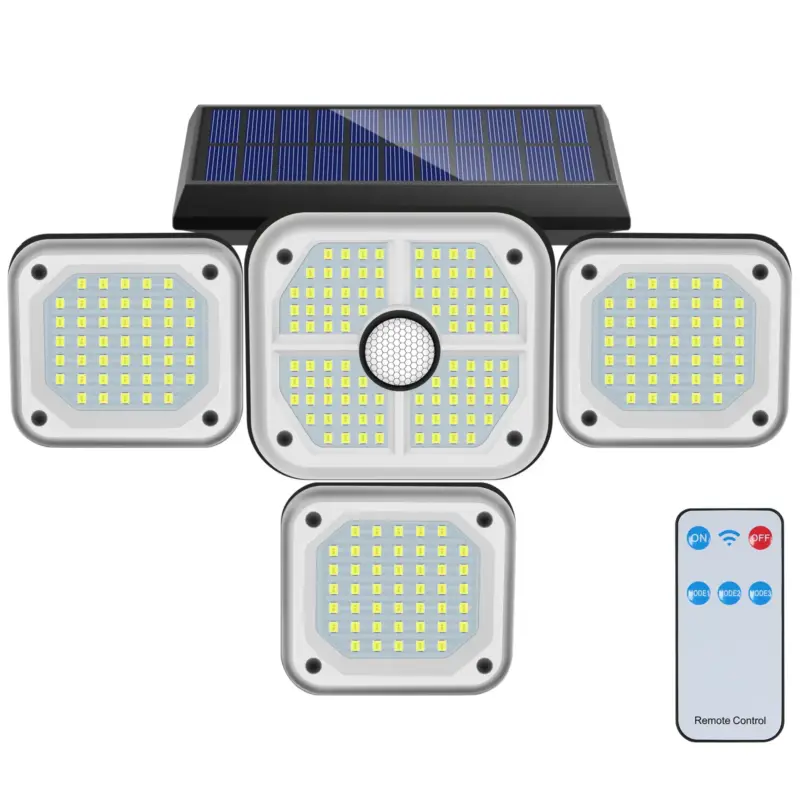 Commander Vite Lampe Solaire Exterieur Detecteur de Mouvement, 4 Têtes 231 LED Lumiere Solaire Exterieur avec Télécommande IP65 Étanche Eclairage Exterieur Solaire 3 Modes Spot Projecteur LED Solaire Jardin Blanc froid