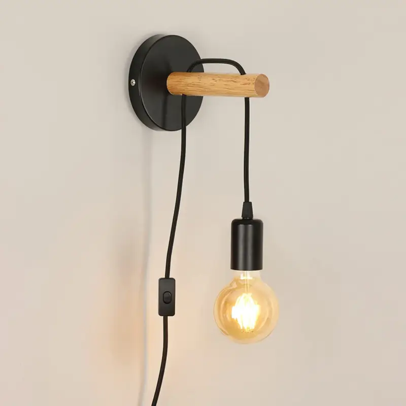 Applique Murale Industrielle, Applique Murale Chambre en Bois et Métal Réglable Lampe Murale, Vintage E27 Applique Murale avec Interrupteur et Prise Câble pour Chambre, Salon, Couloir, Escalier Acheter En Ligne