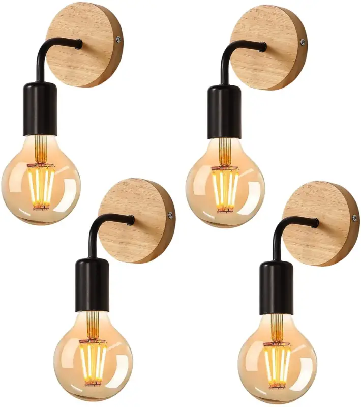 Applique Murale Interieur Industrielle 4 Pack, Lampe Murale en Bois Métal, Appliques Wall Decoration Murale Rétro pour Salon, Chambre à Coucher Authentique