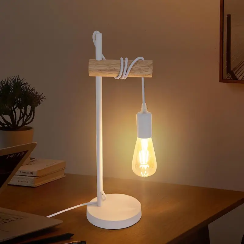 Lampe de Table, Design Rétro Lampe de Lecture, Bois & Métal, Éclairage du Bureau et de la Chambre, Lampe de Chevet, Pour Ampoule LED E27 10W Max (Blanc) Nouvel Arrivage